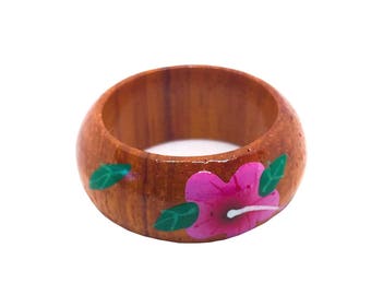 Hawaiian Jewelry 10mm Hand Painted Hawaiian Koa Wood Flower Ring from Maui, Hawaii