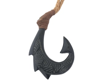 Hawaiian Jewelry Black Hand Carved Design Fish Hook Necklace From Maui Hawaii