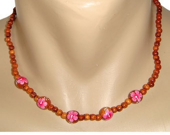 Hawaiian Jewelry Koa Wood Bead Pink Hibiscus Flower Necklace From Maui Hawaii