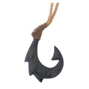 Hawaiian Jewelry Black Hand Carved Design Fish Hook Necklace From Maui Hawaii image 1