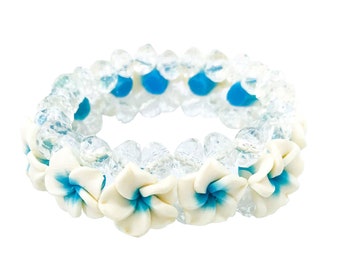 Hawaiian Jewelry Blue and White Fimo Plumeria Flower and Crystal Bead Elastic Bracelet from Maui, Hawaii