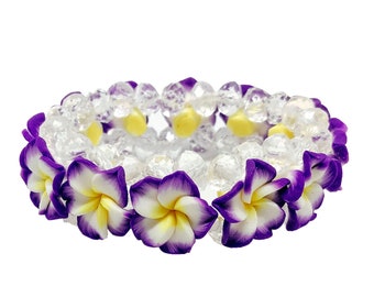 Hawaiian Jewelry Purple Fimo Plumeria Flower and Crystal Bead Elastic Bracelet from Maui, Hawaii