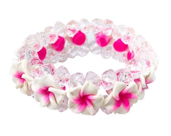 Hawaiian Jewelry Pink and White Fimo Plumeria Flower and Crystal Bead Elastic Bracelet from Maui, Hawaii