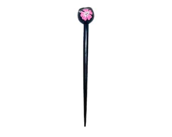 Hawaiian Kukui Nut Pink Hibiscus Flower Hand Painted Hair Stick from Maui, Hawaii