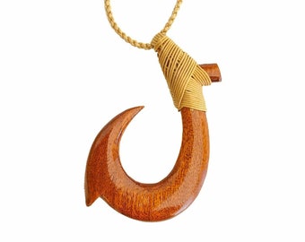 Hawaiian Jewelry Handmade Large Koa Wood Makao Fish Hook Necklace from Maui, Hawaii