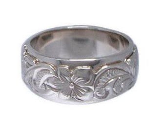 Hawaiian Heirloom Jewelry Sterling Silver Hand Engraved Flower Double Band 8mm Ring from Maui, Hawaii