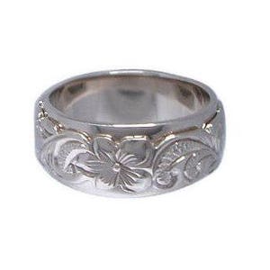 Hawaiian Heirloom Jewelry Sterling Silver Hand Engraved Flower Double Band 8mm Ring from Maui, Hawaii