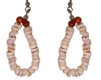 Hawaiian Jewelry Handmade Tiger Puka Shell Hoop Earrings With Koa Wood Beads From Maui Hawaii