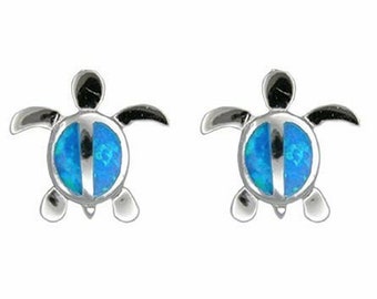 Sterling Silver Synthetic Blue Opal Honu Sea Turtle Hawaiian Jewelry Earrings from Maui, Hawaii