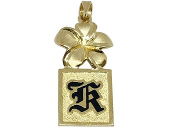 Hawaiian Heirloom Jewelry 14K Gold Initial Heart Pendant with Black Enamel