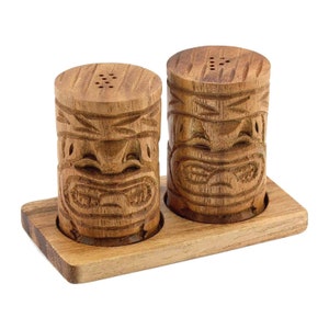 Hawaiian Tiki God Hand Carved Kamani Wood Salt & Pepper Shaker Set from Maui, Hawaii