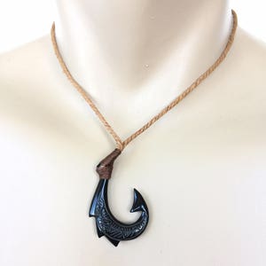 Hawaiian Jewelry Black Hand Carved Design Fish Hook Necklace From Maui Hawaii image 2