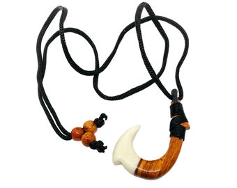 Hawaiian Jewelry Handmade Koa Wood and Buffalo Bone Fish Hook Necklace From Maui Hawaii
