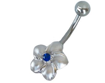 Hawaiian Jewelry Sterling Silver Plumeria flower Belly Button Ring with Dark Blue CZ from Maui, Hawaii