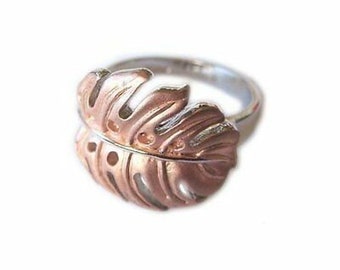 Hawaiian Heirloom Jewelry Sterling Silver with Rose Gold Finish Monstera Ring Size 9 from Maui, Hawaii