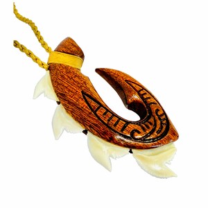 Hawaiian Jewelry Handmade Hawaii Koa Wood Shark Tooth Fish Hook Necklace Pendant From Maui Hawaii