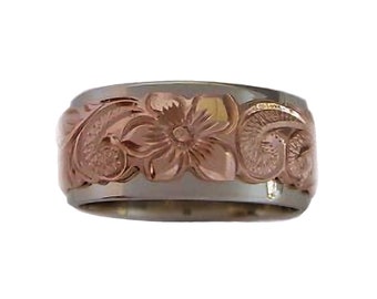 Hawaiian Heirloom Jewelry Double Band Sold 14k White and Rose Gold Flower Ring from Maui, Hawaii