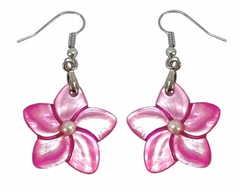 Hawaiian Jewelry Handmade Hand Carved Pink Plumeria Flower Shell and Freshwater Pearl Hawaii Earrings From Maui Hawaii