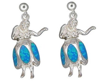 Sterling Silver Lab Created Blue Opal Hawaiian Hula Dancing Girl Earrings from Maui, Hawaii