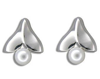 Hawaiian Jewelry Whale Tail and Simulated Pearl Sterling Silver Earrings from Maui, Hawaii