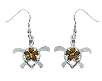 Hawaiian Honu Sea Turtle Plumeria Flower Koa Wood Dangling Silver Earrings