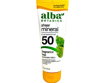 Alba Botanica Sheer Mineral Sunscreen Lotion SPF 50, Fragrance Free, Large 4 fl oz