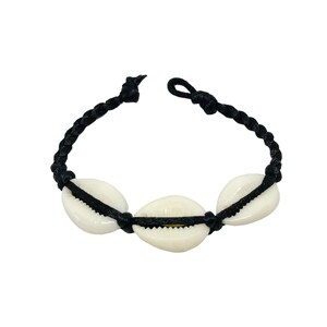 Hawaiian Natural Three Cowrie Shell Handmade Bracelet with Black Cord from Maui, Hawaii