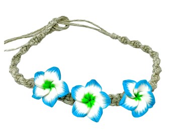 Hawaiian Hemp Handmade 3 Blue Green Plumeria Flowers Twist Braid Bracelet / Anklet from Maui, Hawaii
