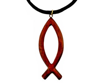 Hawaiian Jewelry Large Koa Wood Ichthus Christian IXOYE Fish Pendant Necklace From Maui Hawaii