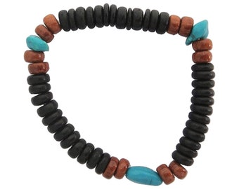 Hawaiian Jewelry Handmade Hawaiian Koa and Black Coconut Bead with Faux Turquoise Stone Elastic Bracelet from Maui, Hawaii