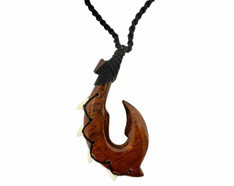 Hawaiian Jewelry Handmade Hawaii Koa Wood Shark Tooth Fish Hook Necklace Pendant From Maui Hawaii