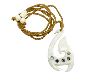 Hawaiian Jewelry Genuine Inlaid Abalone Paua Shell Hand Carved Fish Hook Necklace from Maui, Hawaii