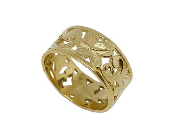 Hawaiian Heirloom Jewelry 14k Yellow Gold Cut Out Hibiscus Flower Scroll Flat Ring from Maui, Hawaii