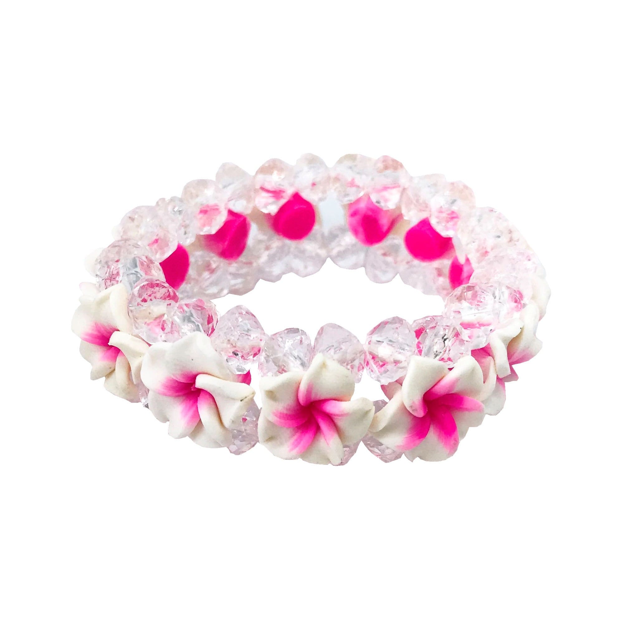Hawaiian Jewelry Pink and White Fimo Plumeria Flower and Crystal Bead  Elastic Bracelet from Maui, Hawaii