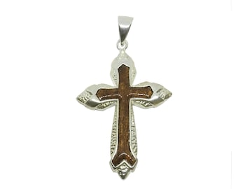 Hawaiian Jewelry Silver Koa Wood Cross Pendant Necklace with Chain From Maui Hawaii