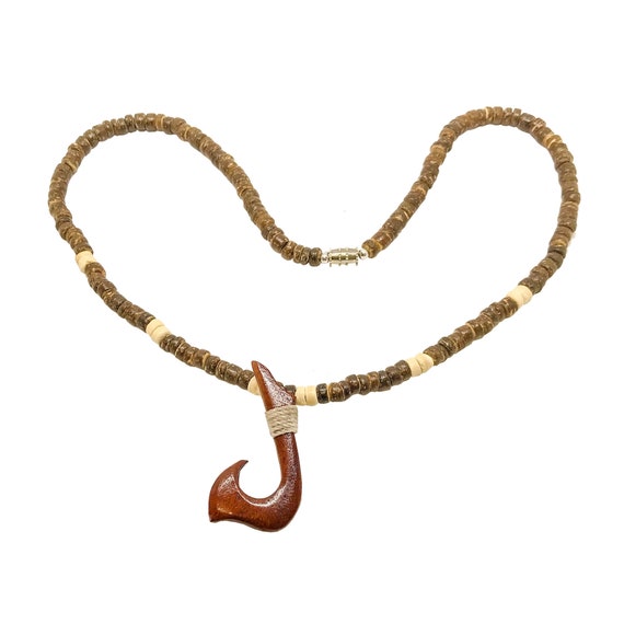 Hawaiian Jewelry Handmade Wood Fish Hook Coconut Bead Necklace