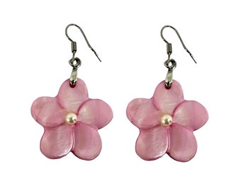 Hawaiian Jewelry Handmade Hand Carved Pink Plumeria Flower Shell and Freshwater Pearl Hawaii Earrings From Maui Hawaii