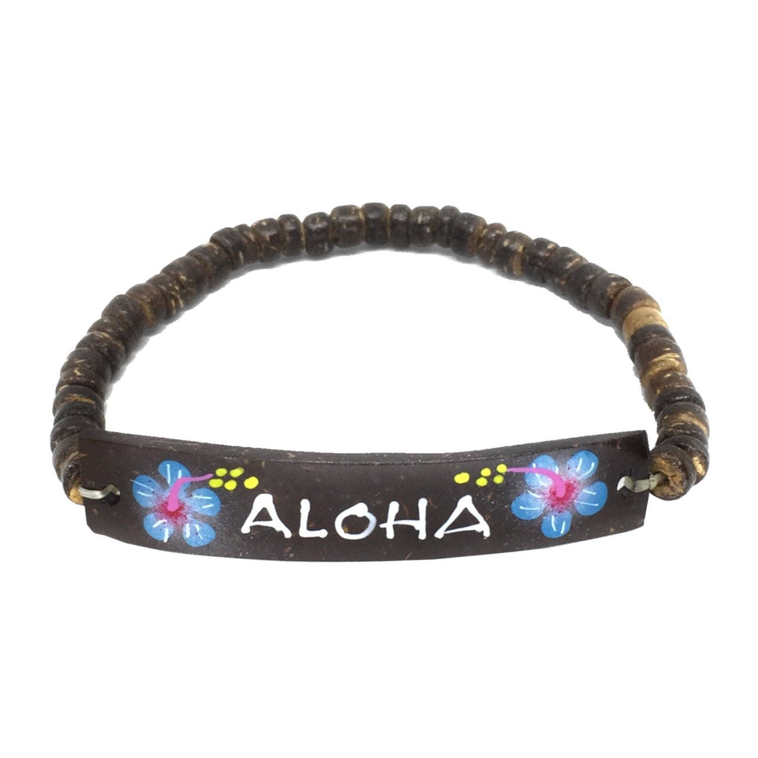 Hawaiian Jewelry Handmade Hibiscus Flower ALOHA Elastic Coconut Bead