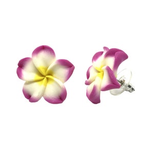 Hawaiian Jewelry Handmade Poly Clay Fimo PINK Plumeria Flower Stud Pierce Earrings From Maui Hawaii