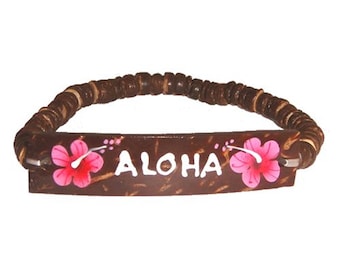 Hawaiian Jewelry Handmade Hibiscus Flower ALOHA Elastic Coconut Bead Bracelet from Maui, Hawaii