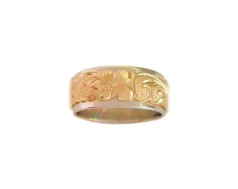 Hawaiian Heirloom Jewelry Double Band Plumeria Flower and Scroll 14k Gold Ring from Maui, Hawaii