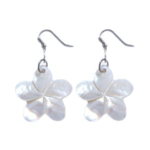 Hawaiian Jewelry Handmade Hand Carved White Plumeria Flower Shell Hawaii Earrings From Maui Hawaii