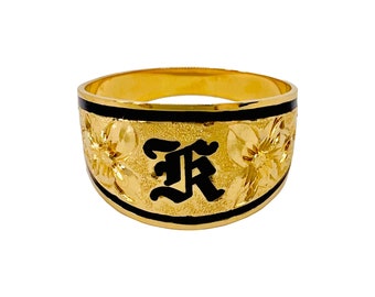 Hawaiian Heirloom Jewelry 14K Solid Gold Raised Black Initial 12mm Tapered Black Enamel Ring from Maui, Hawaii