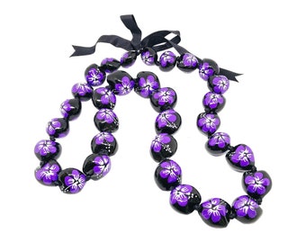 Hawaiian Jewelry 32" Purple Hibiscus Flower Hand Painted Kukui Nut Graduation Wedding Lei Necklace From Maui Hawaii