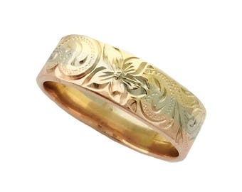 Hawaiian Heirloom Jewelry 14 Karat Gold 6mm Tri-Color Ring from Maui, Hawaii