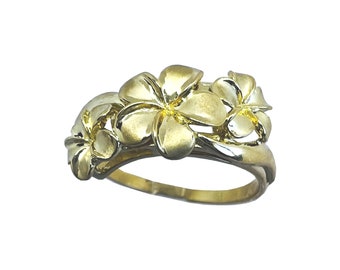 Hawaiian Heirloom Jewelry 14K Yellow Gold Three Plumeria Flower Ring from Maui, Hawaii