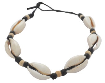 Hawaiian Natural Cowrie Shell Bead Handmade Bracelet with Black Cord from Maui, Hawaii