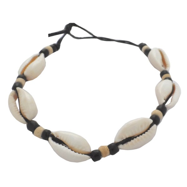 Hawaiian Natural Cowrie Shell Bead Handmade Bracelet with Black Cord from Maui, Hawaii