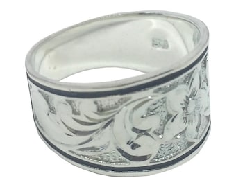 Hawaiian Heirloom Jewelry 12mm Tapered Hawaiian Plumeria Flower Silver Ring from Maui, Hawaii