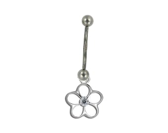 Hawaiian Jewelry Dangling Sterling Silver Plumeria Flower CZ Stone Belly Navel Ring from Maui, Hawaii